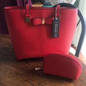 Charming Red Vegan Leather Tote Bag Set